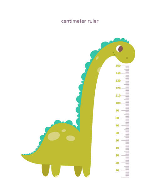 istock Kids height ruler in centimeters with dinosaur for growth measure. Cute cartoon cheerful tall animal vector illustration isolated on white background. Children wall sticker for kindergarten or home 1724968686