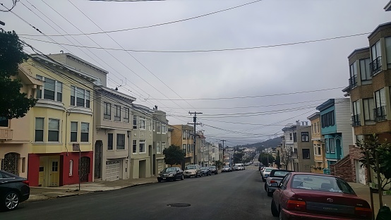 san francisco, united states - september 22 2015 : houses a long a typical street with incline and bay windows