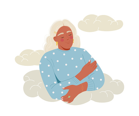 Woman in clouds concept. Young girl dream at sky. Positivity and optimism. Psychology and mental health. Poster or banner for website. Cartoon flat vector illustration isolated on white background