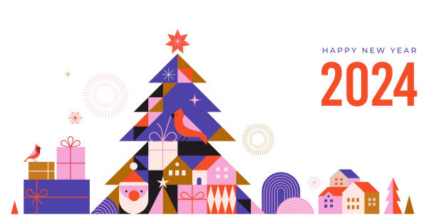 Happy New Year 2024. Christmas tree in modern minimalist geometric style. Colorful illustration in flat cartoon style. Xmas tree with geometrical patterns, stars and abstract vector elements