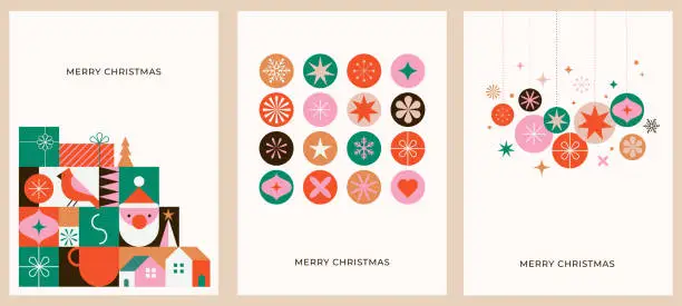 Vector illustration of Christmas cards in modern minimalist geometric style. Colorful illustration in flat cartoon style. Xmas backgrounds with geometrical patterns, stars and abstract elements