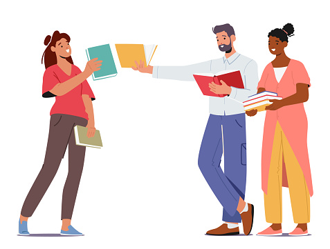 Male and Female Characters Engaging Book Swap. Community Of Avid Readers Sharing Literary Treasures, Exchanging Stories, And Connecting Through The Magic Of Books. Cartoon People Vector Illustration