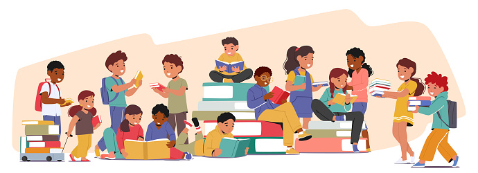 Young Readers Book Swap. Kids Characters Sharing Stories, Fostering A Love For Reading, And Building Friendships Through The Joy Of Exchanging Books. Cartoon People Vector Illustration