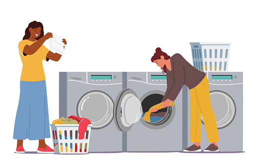 Female Characters in Self-service Public Launderette. Women Efficiently Wash And Dry Their Clothes, Sharing Smiles And Stories As The Machines Whirl. Laundry Day Concept. Cartoon Vector Illustration