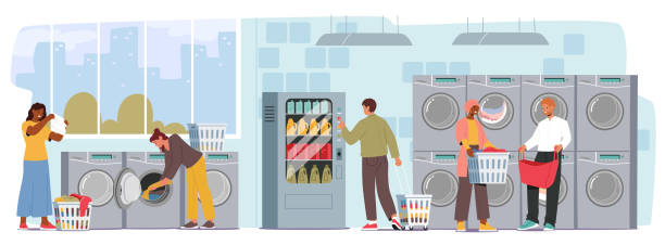 Self-service Public Launderettes Offer Convenience. Customers Wash And Dry Their Clothes Independently, Saving Time Self-service Public Launderettes Offer Convenience. Customers Wash And Dry Their Clothes Independently, Saving Time And Effort While Enjoying Clean, Fresh Laundry. Cartoon People Vector Illustration free chore backgrounds stock illustrations