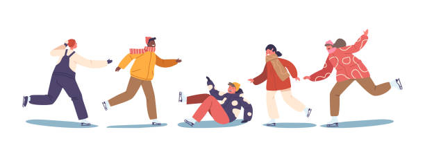 아이스링크에서 활공하는 고립된 아이들, 즐거운 회전과 흔들리는 걸음걸이가 겨울 원더랜드를 만듭니다. - striding stock illustrations