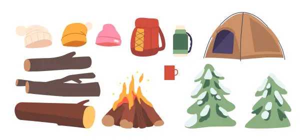 Vector illustration of Winter Camping Items. Campfire, Woods And Brushwood, Spruces, Cold-weather Tent, Thermal Clothing, Backpack