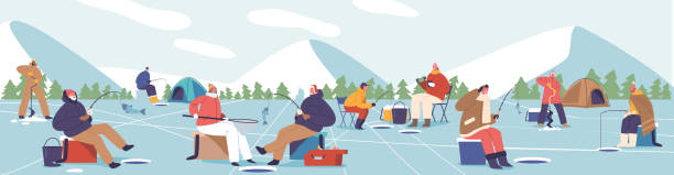 Winter Fishermen Brave The Cold, Bundled In Layers, Clutching Fishing Rods. Frosty Breath Mingles With Anticipation Winter Fishermen Brave The Cold, Bundled In Layers, Clutching Fishing Rods. Frosty Breath Mingles With Anticipation As They Patiently Wait, Hoping For A Rewarding Catch. Cartoon Vector Illustration man ice fishing stock illustrations