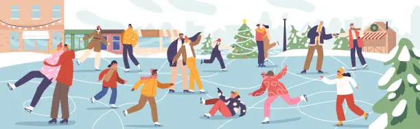Vector illustration of People Glide On Central City Rink Amidst The Urban Backdrop with Decorated Christmas Tree. Characters Embrace The Joy