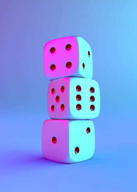 istock 3d illustration of stack of three dices with holographic lighting. 1724991723