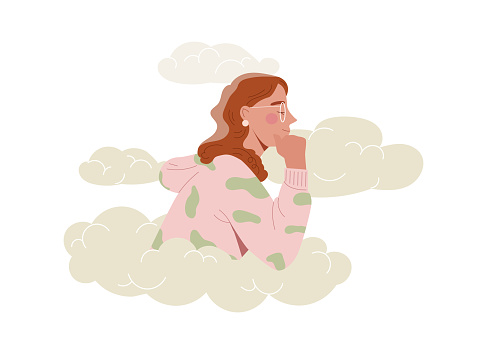 Woman in clouds concept. Young girl dream at sky. Imagination, calmness and fantasy. Psychology and mental health. Cartoon flat vector illustration isolated on white background