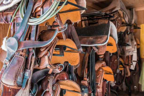 Horse saddles stacked up on the wall. Hanging one above the other.