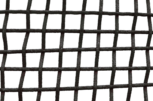 Old Aged Weathered Rusty Wire Mesh Grid Cage Fence Grating Pattern, Isolated Grungy Horizontal Large Detailed Textured Macro Closeup, Grunge Rust Metal Bars Detail, Vintage Security Concept Metaphor, White Background