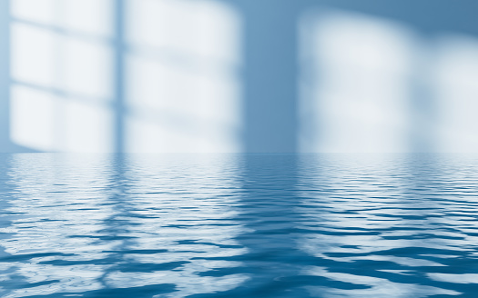 Empty room with water surface, 3d rendering. Digital drawing.