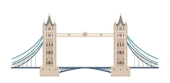 London architecture element. Traditional britain sightseen. Grey ancient bridge with towers. United kingdom. Poster or banner. Cartoon flat vector illustration isolated on white background