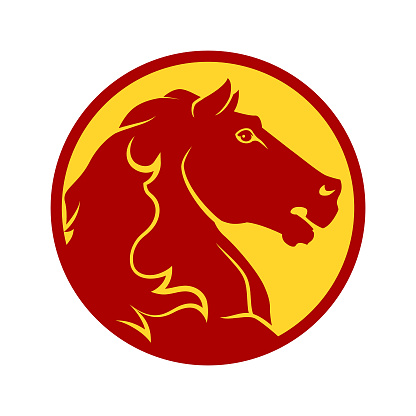 Stylized red silhouette of a horse head in a yellow round frame - cut out vector icon character mascot
