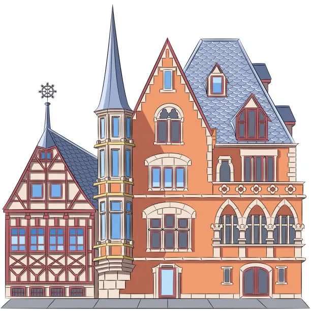 Vector illustration of Color drawing of an old traditional old half-timbered and stone German house in Germany.