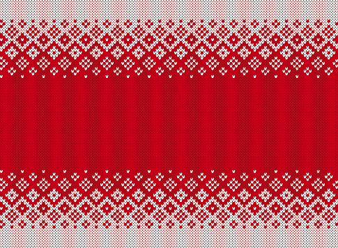 Knitted red and white sweater print. Christmas knit ornament. Xmas geometric border. Holiday seamless pattern. Fair isle traditional texture. Vector.