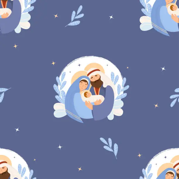 Vector illustration of Merry Christmas seamless pattern. Holy family, birth of Jesus Christ. Virgin Mary, Joseph divine baby on blue background. vector illustration for holiday design, wallpaper, decor, print, packaging.