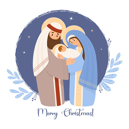 Holy Family. Merry Christmas card. Cute Virgin Mary, saint Joseph and baby Jesus Christ. Birth of Savior. Vector illustration in cartoon flat style for Xmas holiday design, decor, postcards