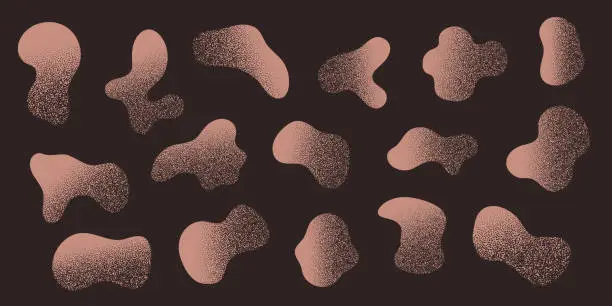 Vector illustration of Beige Amoeba blob with gritty texture, organic abstract shape. Set of Liquid amorphous shapes, fluid blotch collection. Dust grain gradient on dark background.