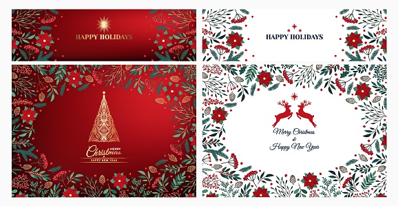 Christmas invitation card set of Christmas tree, reindeer, poinsettia, leaves, branches, berries, holly, star. Happy New Year symbol, ornate element for winter holidays. Decorative floral illustration