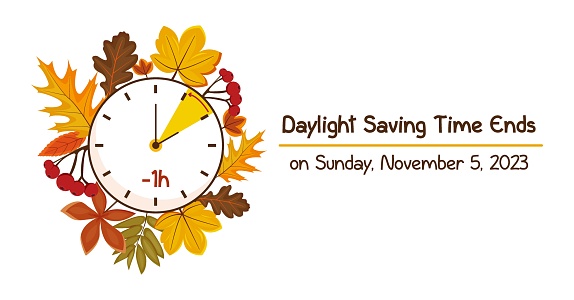 Turn clocks back one hour, Daylight Saving Time Ends web reminder banner. Fall Back time. Picture of clocks with arrow hand turning back an hour.