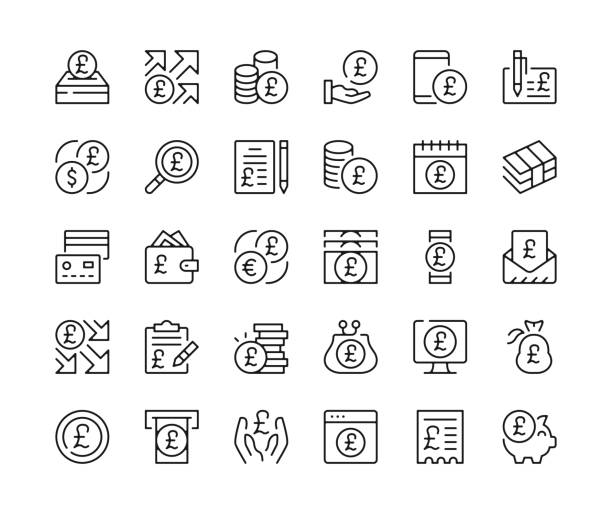 British pound sterling icons. Vector line icons set. UK currency concepts. Black outline stroke symbols British pound sterling icons. Vector line icons set. UK currency concepts. Black outline stroke symbols piggy bank gold british currency pound symbol stock illustrations