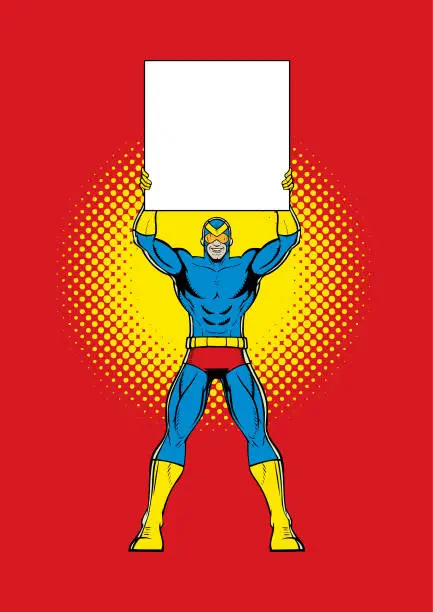 Vector illustration of Vector Pop Art Smiling Superhero Holding a Blank Sign Stock Illustration