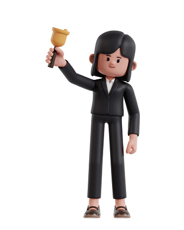 3d Illustration of Cartoon businesswoman holding bell to remind