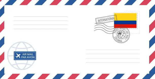 Vector illustration of Blank air mail envelope with Colombia postage stamp. Postcard vector illustration with Colombian national flag isolated on white background.