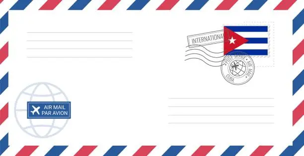 Vector illustration of Blank air mail envelope with Cuba postage stamp. Postcard vector illustration with Cuban national flag isolated on white background.