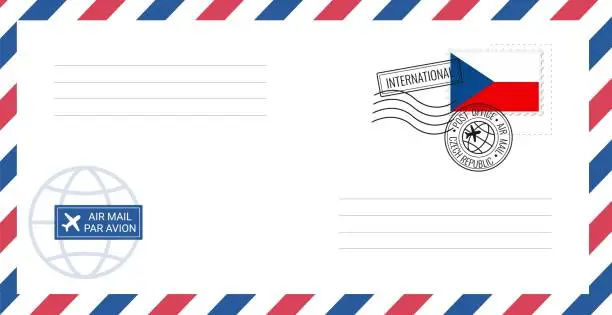 Vector illustration of Blank air mail envelope with Czech Republic postage stamp. Postcard vector illustration with Czech national flag isolated on white background.