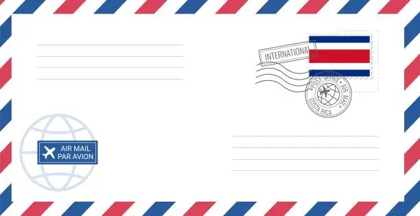 Vector illustration of Blank air mail envelope with Costa Rica postage stamp. Postcard vector illustration with Costa Rican national flag isolated on white background.