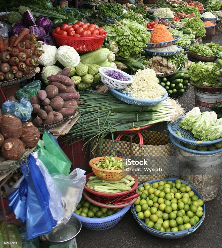 market vegetables "view of fresh vegetables on sale at hue market, central vietnam" Asian Market Stock Photo
