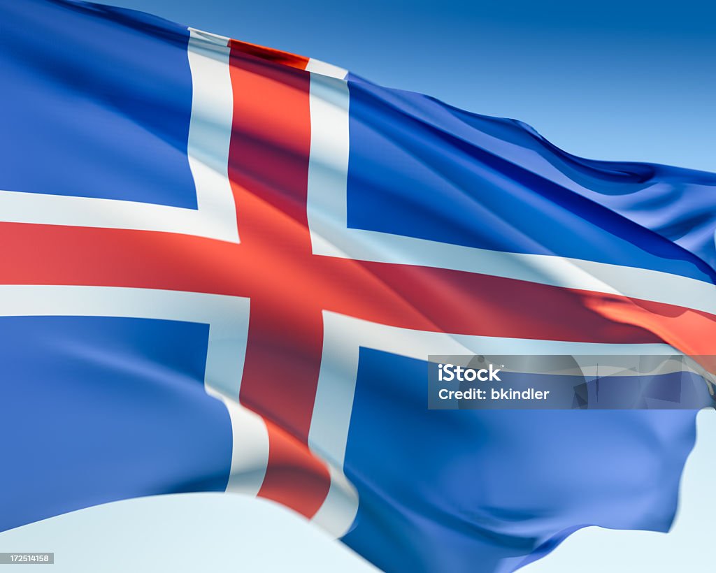 Flag of Iceland Icelandic flag waving in the wind. Elaborate rendering including motion blur and even a fabric texture (visible at 100%). Blue Stock Photo