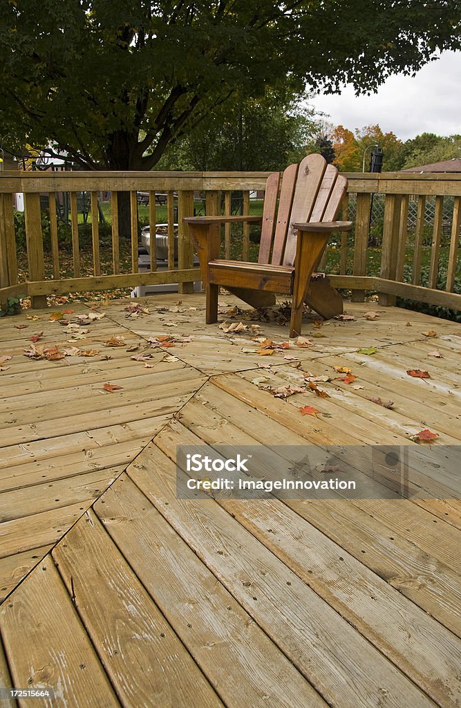 Adirondack chair on backyard deck - 3 An Adirondack (or Muskoka) chair on a backyard wooden deck with leaves. Copy space. Similar images: Adirondack Chair Stock Photo