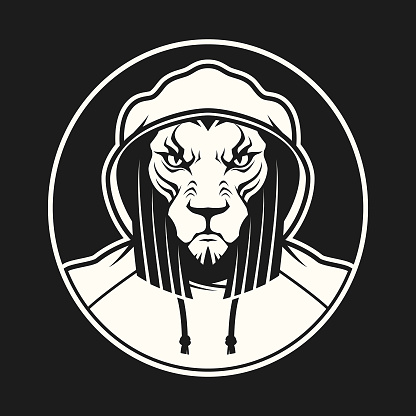 Stylized silhouette of a lion wearing a hoodie, in a round frame - cut out vector icon character mascot