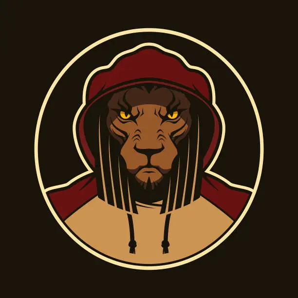 Vector illustration of Lion head with dreadlock mane in hoodie in a round frame