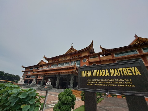 Deli Serdang, North Sumatera, Indonesia - July 19th 2023 - Beautiful monastery with Chinese architectural style on the Cemara Asri resident complex It is often a tourist destination for taking photos