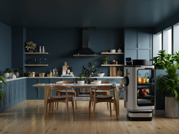 istock Modern style kitchen interior design with dark blue wall and AI Robotic 1725201353