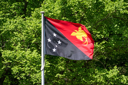 The flag of Papua New Guinea on a flagpole outside the High Commission of Papua New Guinea in Yarralumla, Canberra.  This image was taken on a sunny and windy afternoon on 8 October 2023.