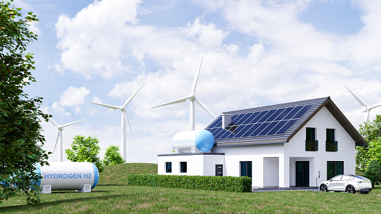 Modern eco house with solar panels and windmills to use alternative energy.3d rendering