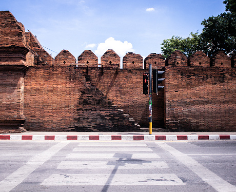 Crosswalk on the road in the old city wall (Tha Phae Gate) area of ​​Chiang Mai Province, Thailand.