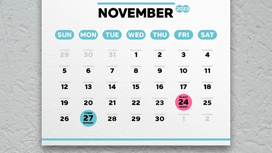 A beautiful November page of the calendar 2023 with the marked Black Friday and Cyber Monday dates on it