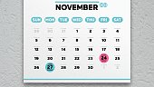 Close-up of a beautiful November page of the calendar 2023 with the marked Black Friday and Cyber Monday dates on it