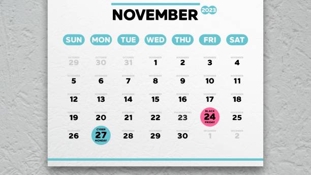 Close-up of a beautiful November page of the calendar 2023 with the marked Black Friday and Cyber Monday dates on it stock photo