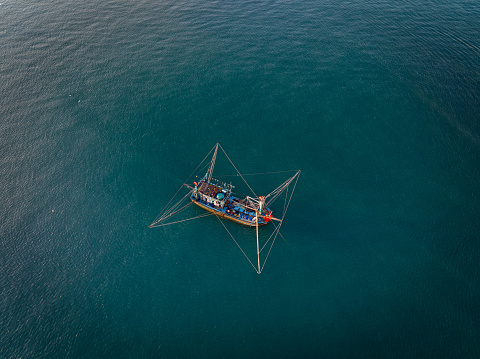 Drone view squid fishing boat on Nha Trang sea, Khanh Hoa province, central Vietnam