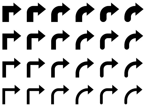 Vector illustration set of monochrome curved arrows, L turn arrows