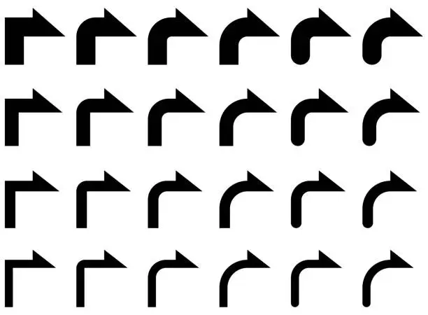 Vector illustration of Vector illustration set of monochrome curved arrows, L turn arrows